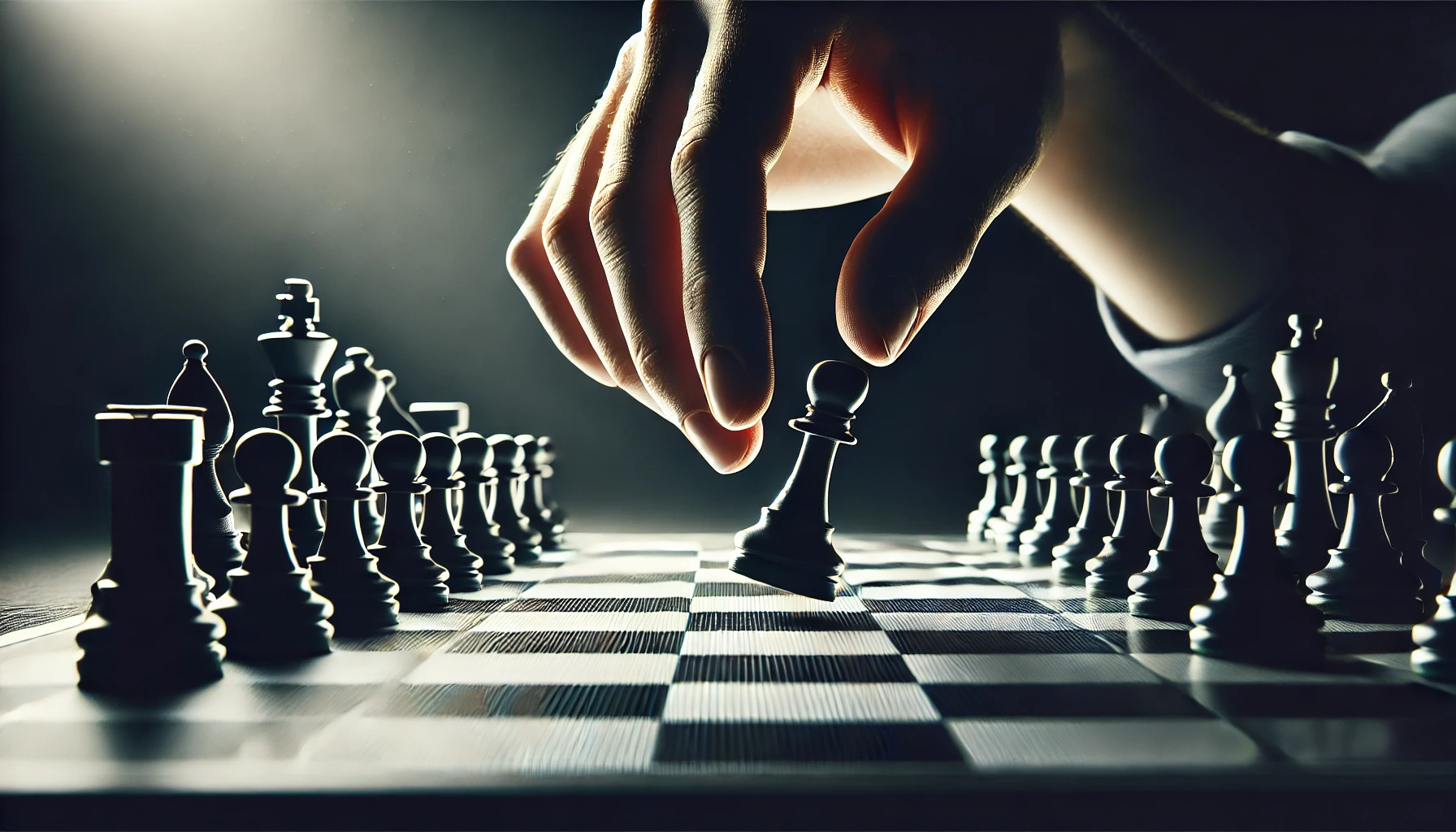 A hand moves a pawn on a chessboard, with dramatic lighting highlighting the pieces.